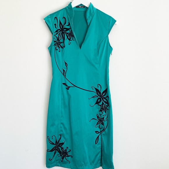 Jane Norman Y2K dress 14 turquoise green satin black embroidered vintage - Picture 9 of 16